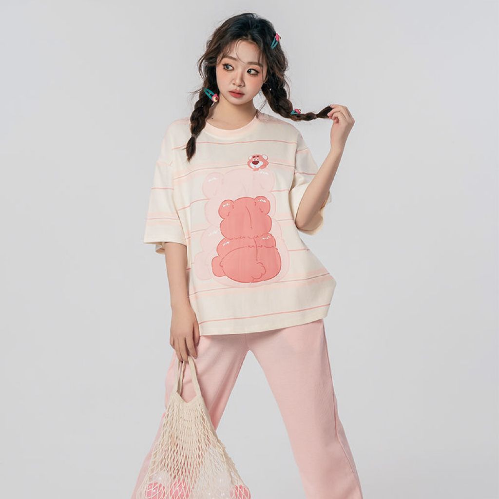 Pijamas de primavera y verano al por mayor transfronterizos, pantalones de manga corta para mujer, jersey de algodón de imitación, traje de servicio a domicilio de manga larga informal de gran tamaño suelto