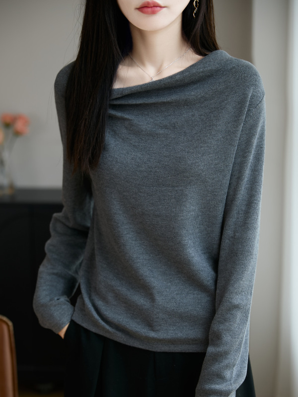 25年早秋蚕丝羊毛一字领针织衫长袖女纯色褶皱套头宽松打底衫上衣|undefined