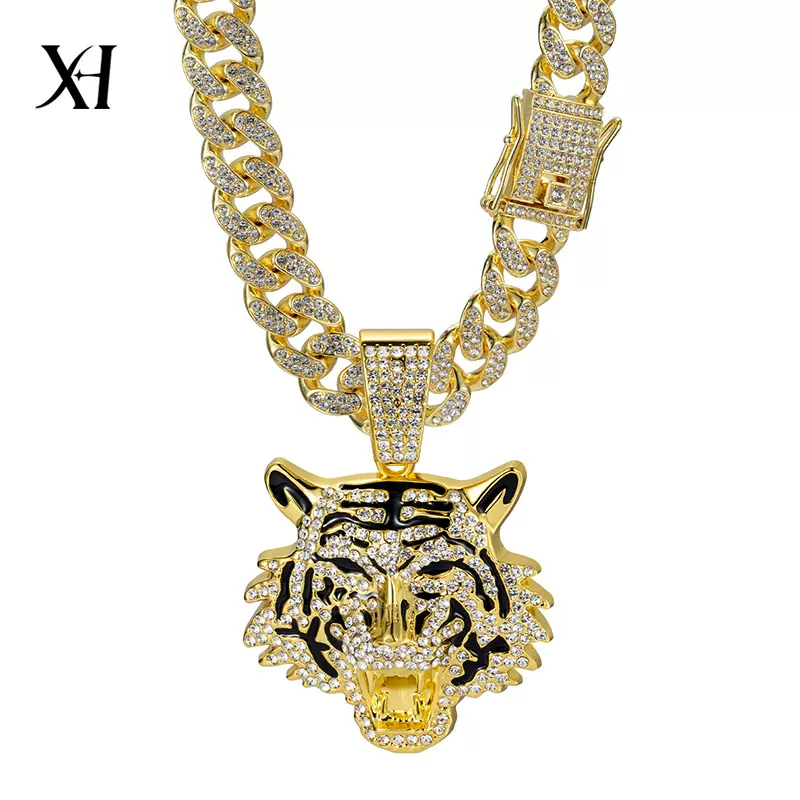 欧美跨境专供古巴项链合金满钻老虎头吊坠嘻哈街头风饰品工厂批发