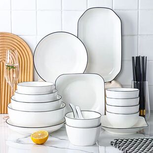 Nordic style black line household ceramic tableware bowl square bowl rice bowl soup bowl deep plate thickened rice bowl microwave-free