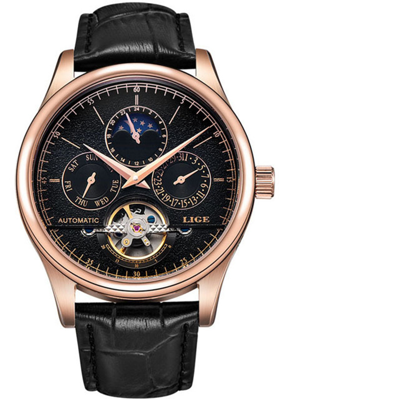 LIGE calendario semana nuevo movimiento mecánico automático hueco de negocios Sun Moon Star reloj de hombre 6826