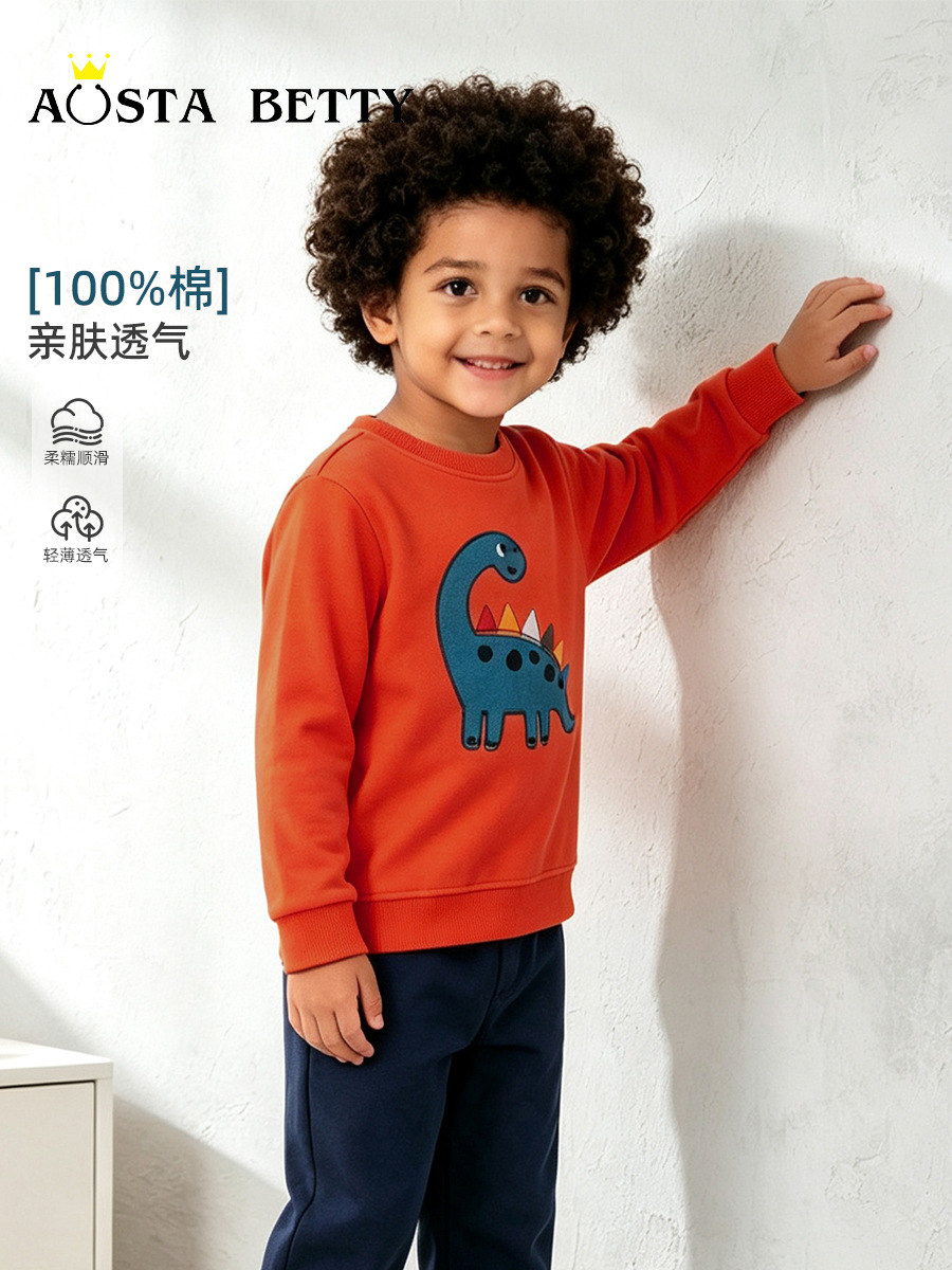 26 otoño niño suéter de dibujos animados dinosaurio pegatina de manga larga niño suéter de punto de algodón cuello redondo sudadera infantil lote mixto