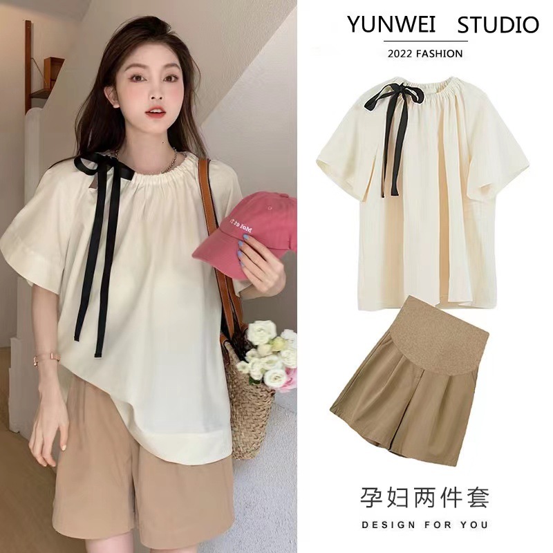 Fashionable Maternity Summer Suit Design French Lace Sweet Loose Top+Belly Shorts