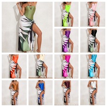 2024新款定位印花泳衣女连体遮肚显瘦性感防晒纱裙沙滩比基尼套装