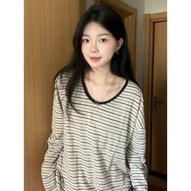 #雪花设计感小众正肩条纹长袖T恤女春秋宽松显瘦慵懒上衣潮