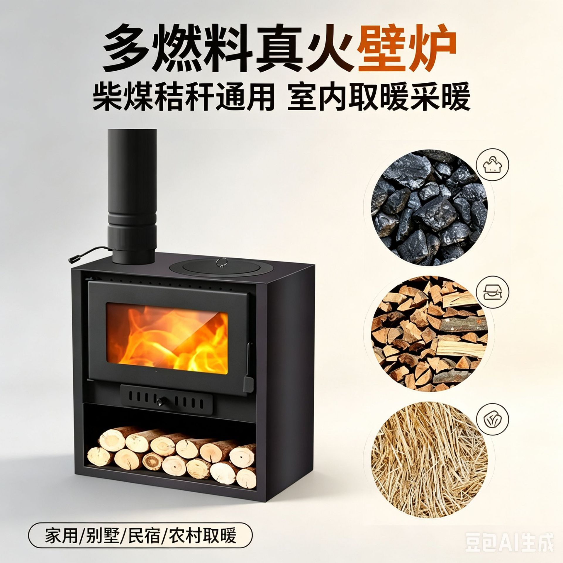多燃料燃木真火壁炉 家用室内取暖炉 农村别墅民宿柴火煤炭秸秆通