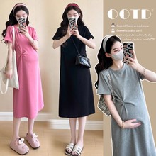 孕妇连衣裙简约风孕妇装夏季新款时尚圆领短袖宽松显瘦连衣裙夏装