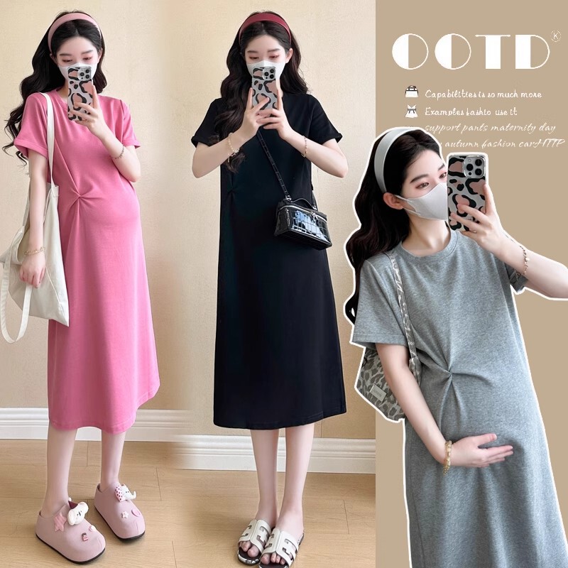 Maternity Dress Simple Style Maternity Wear Summer New Fashion Round Neck Short-Sleeved Loose Slim Dress Summer Dress