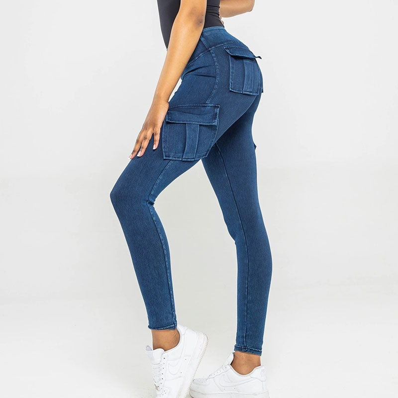 Cruz-frontera exclusivo multi-Bolsillo yoga Denim fitness pantalones mujeres de la cadera plisada crisantemo apretado desgaste exterior trajes Casuales