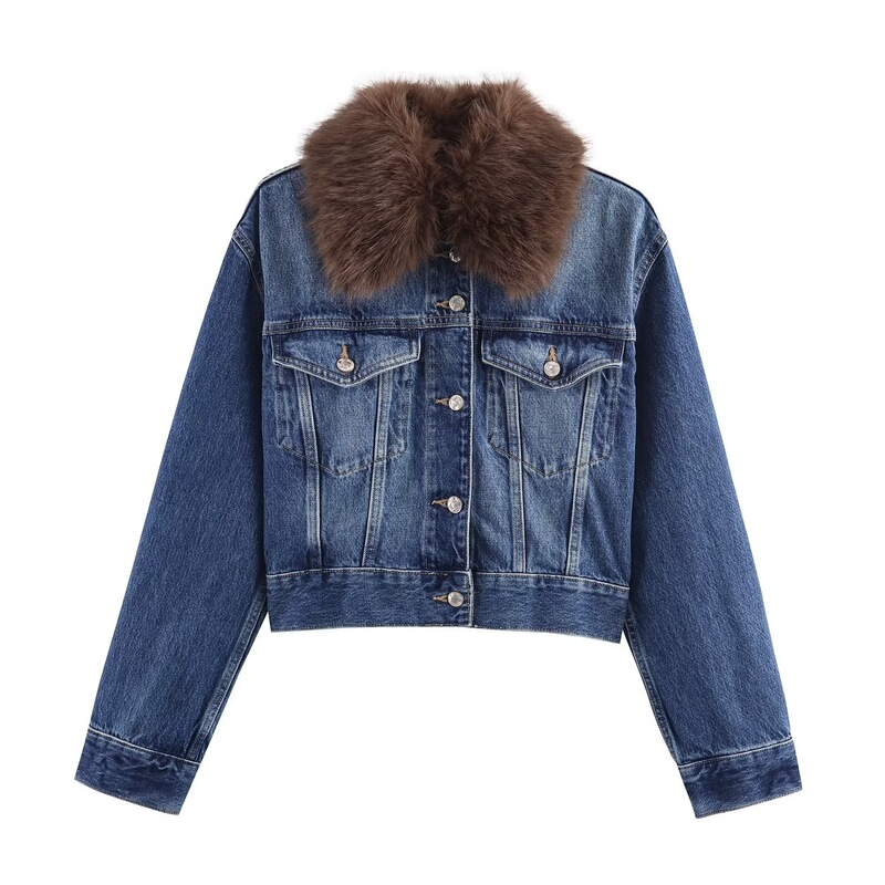 Cross-Border Supply 2025 Autum New European and American Style Women's Fashion Short Artificial Fur Denim Jacket