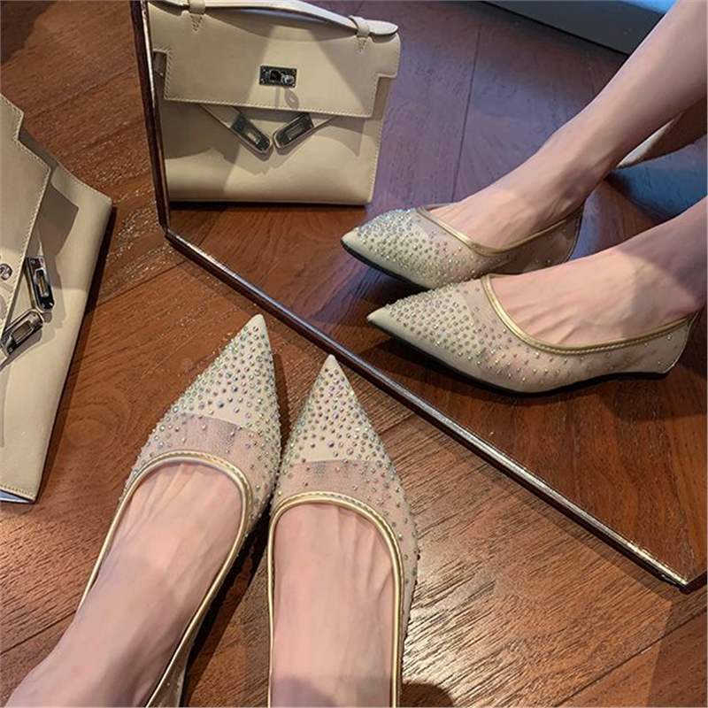 高颜值软皮优雅小尖头透气网面凉鞋女夏季水钻百搭浅口玛丽珍单鞋