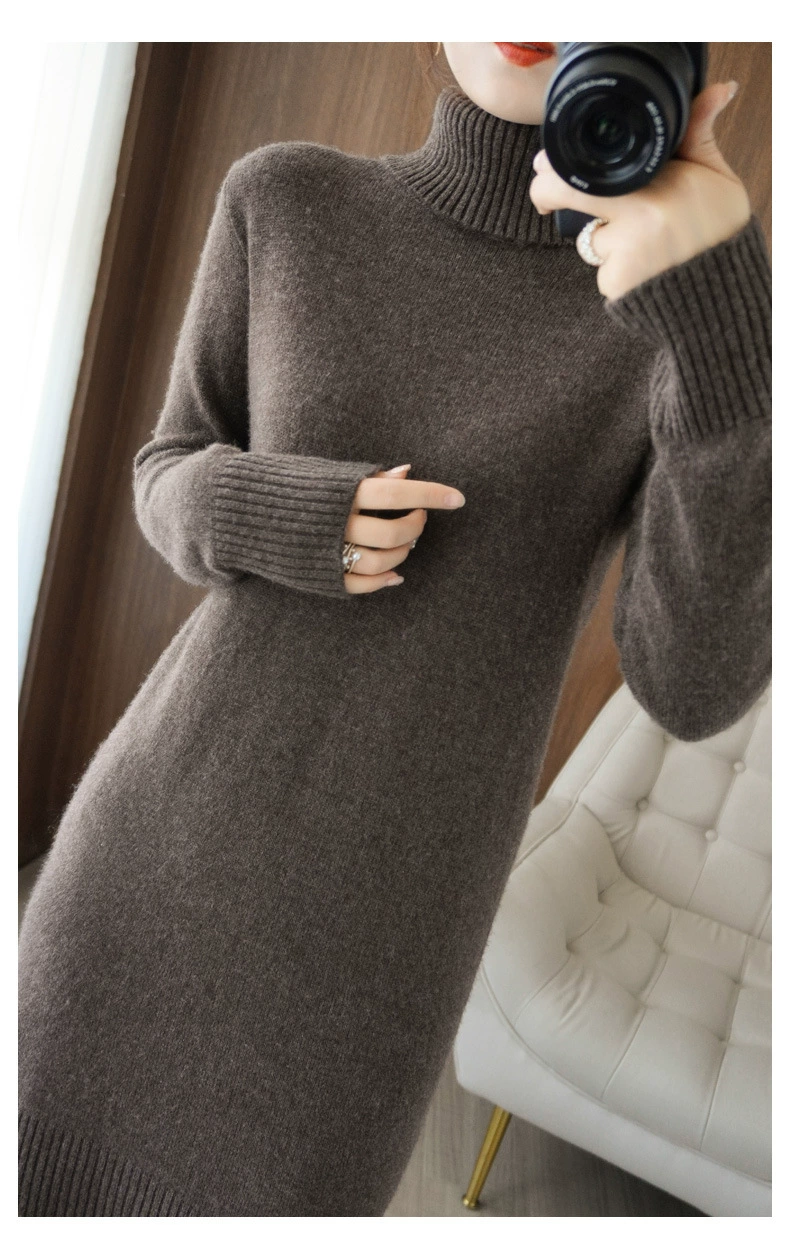 2022 Casual Autumn Winter Knitted Sweater Pullovers Dress Women Basic Loose Turtleneck Sweater Female Warm Long Dress WF192 brown sweater