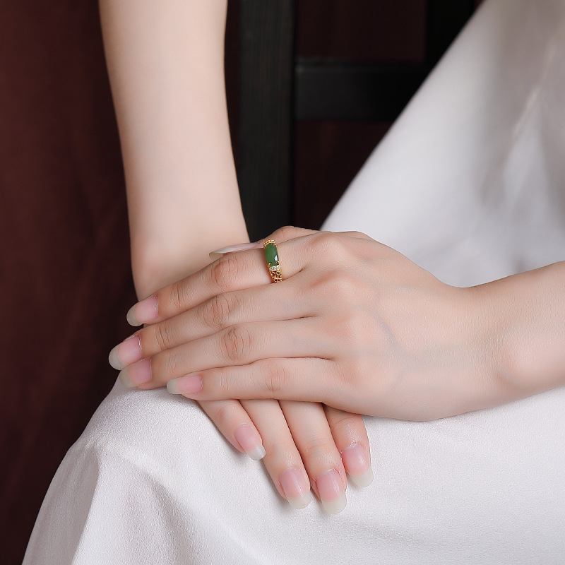 Nhẫn bạc S925 mạ vàng đính đá Hetian jasper rỗng cá tính — Kiểu mạ bạch kim, Kiểu mạ vàng