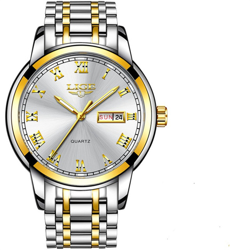 LIGE 9846-Semana banda de acero disco reloj de negocios elegante personalidad calendario hombres reloj casual transfronterizo