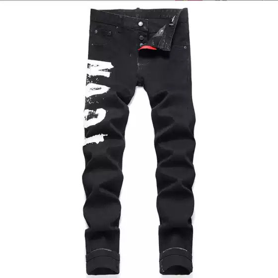2024 New Pure Black Splash Paint Men's Jeans Slim-Fit Simple Stretch Jeans Black Skinny Leggings