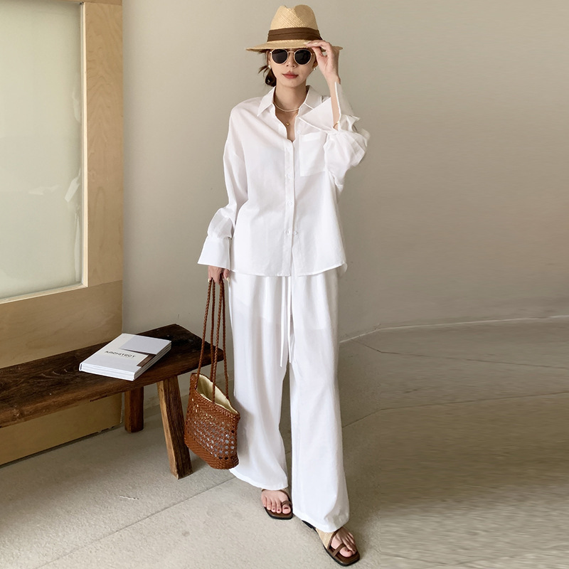Old Money Style Linen Suit Women's Shirt Summer Fashion Sun Protection White Cotton and Linen Shirt High-End Wide-Leg Pants