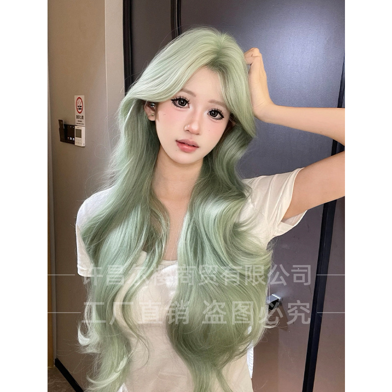 Erying wig women's daily summer new long curly hair eight bangs lace green women's realistic full head cover