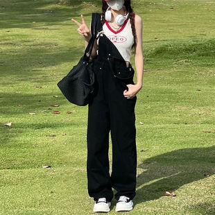 Korean style hot girl Denim suspender pants women's 2024 Summer new high waist slimming loose retro mop wide leg pants fashion