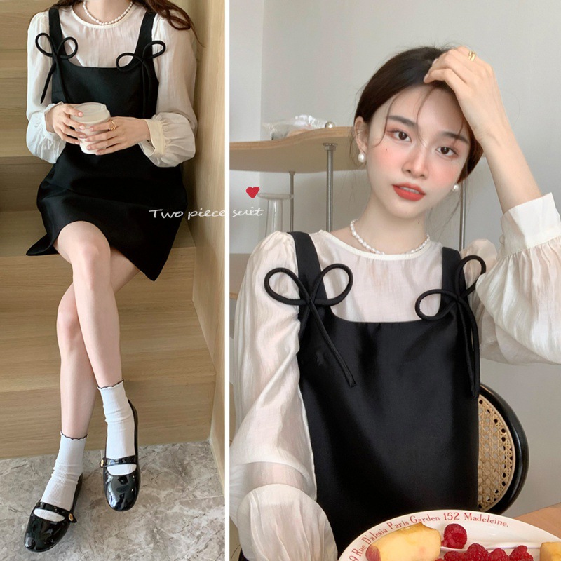 Real shot Retro Vitality girl Tencel puff sleeve shirt bow Ornament Texture Vest skirt suit