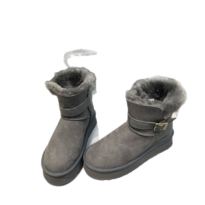 PRUGGI羊皮毛一体桑坡雪地靴冬季新款骑士靴皮带扣厚底短筒靴增高|undefined