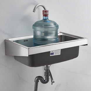 Kitchen 304 Stainless Steel Sink with Bracket, Wall-Mounted Double-Slot/Single-Slot Dishwashing Sink