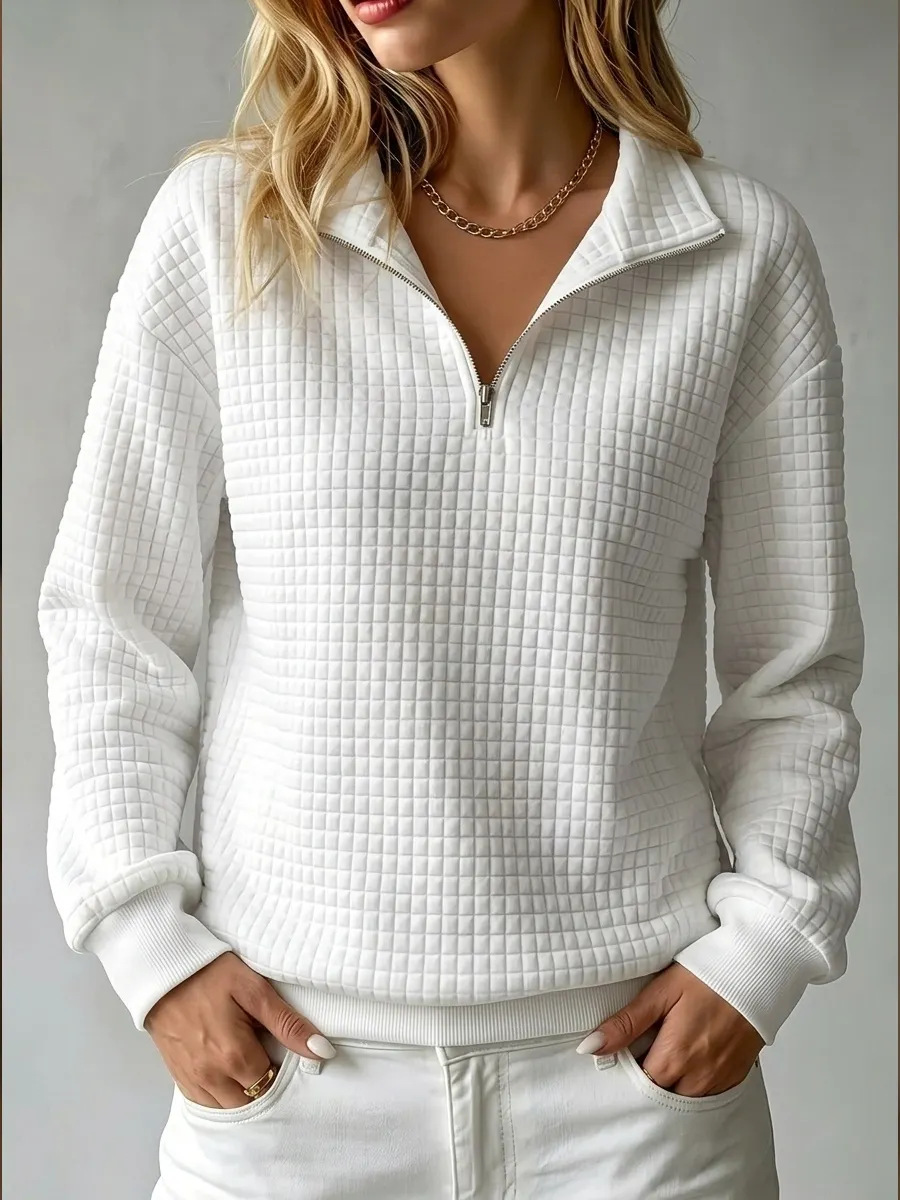 2026 European and American Autumn Bestseller: Comfortable Loose Waffle Knit Solid Color Stand Collar Zipper Long Sleeve Patchwork Women's Sweatshirt