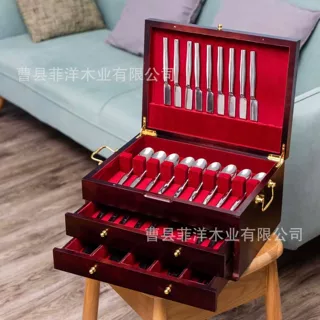 木制银器盒家用木制餐具盒木制刀叉收纳盒三层抽屉式木制银器盒