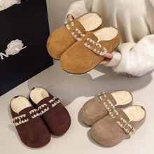 厚底勃肯鞋包头半拖鞋女外穿2025秋冬季新款加绒一脚蹬丑萌拖鞋女