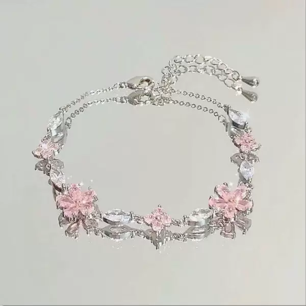 Sweet Pink Cherry Blossom Bow Zircon Bracelet Ins Accessible Luxury Elegant High-End Cool Bestie Feeling Bestie
