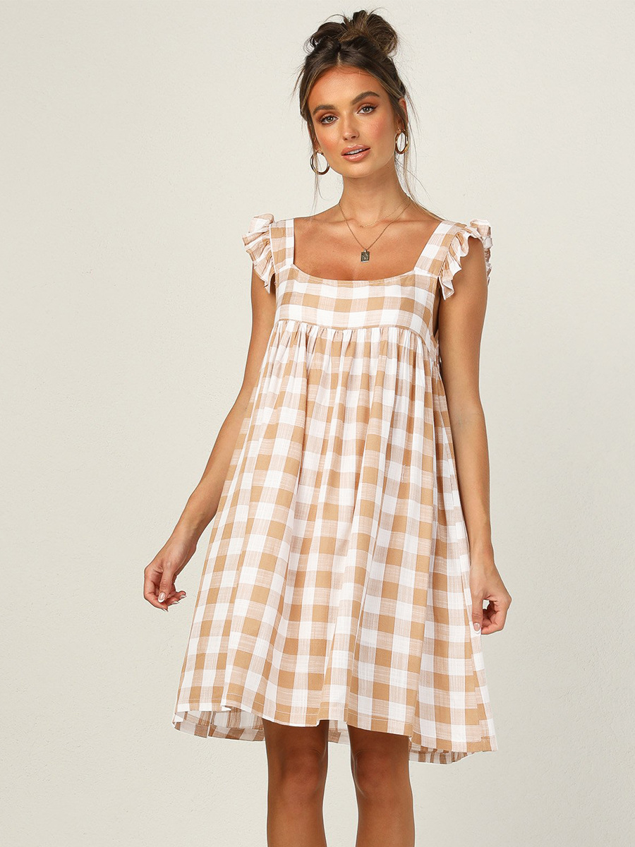 new stitching plaid short-sleeved dress NSAL43970