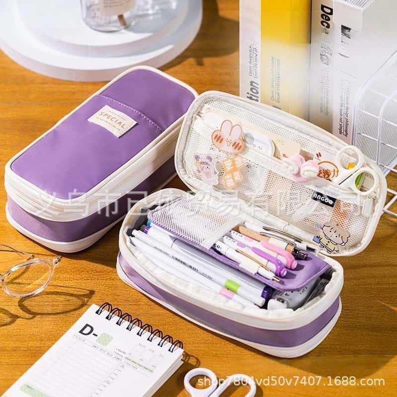 Bolsa de bolígrafo de gran capacidad para estudiantes de primaria simple serie de macarón bolsas de bolígrafo de separación multicapa multifuncional caja de papelería de alto valor facial