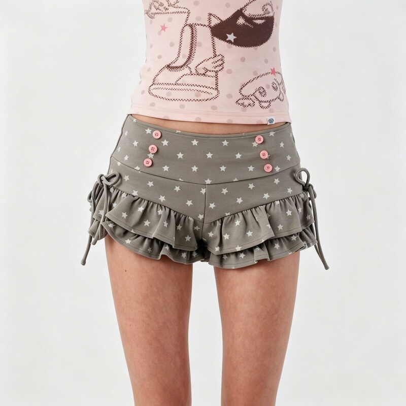 Double-Layer Ruffled Hem with Drawstrings on Both Sides, Women's Short Skirt Pants, Retro Punk Style, Low Waist, Double-Breasted, All-Over Star Print, Anti-Exposure