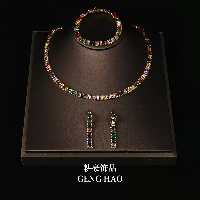 厂家定制七彩合金首饰套装 小众简约彩虹项链手链耳钉女 青岛中古