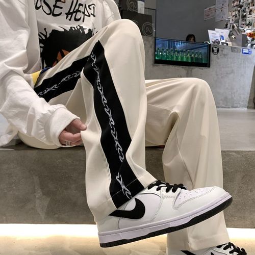 oversize side stripe autumn and winter pants, high-end feel straight leg pants, American street style men's loose wide-legged pants 