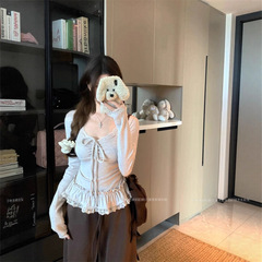 纯欲风蕾丝拼接长袖T恤女2025秋季新款甜美V领荷叶边系带打底上衣