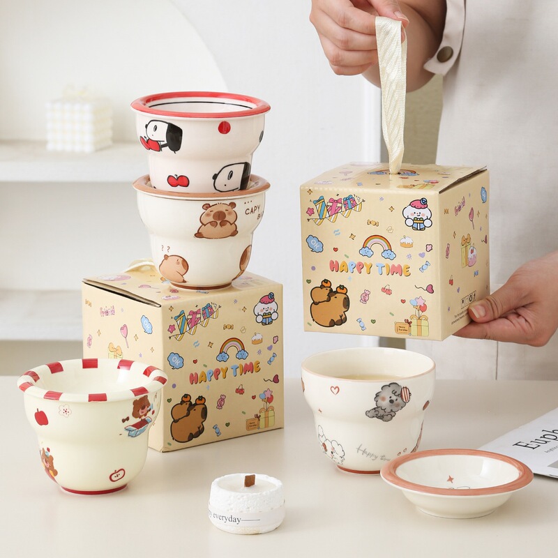 Underglaze painted cute mug with lid in gift box, children's cartoon ceramic cup, home use birthday gift water cup Underglaze painted cute mug with lid in gift box, children's cartoon ceramic cup, home use birthday gift water cup