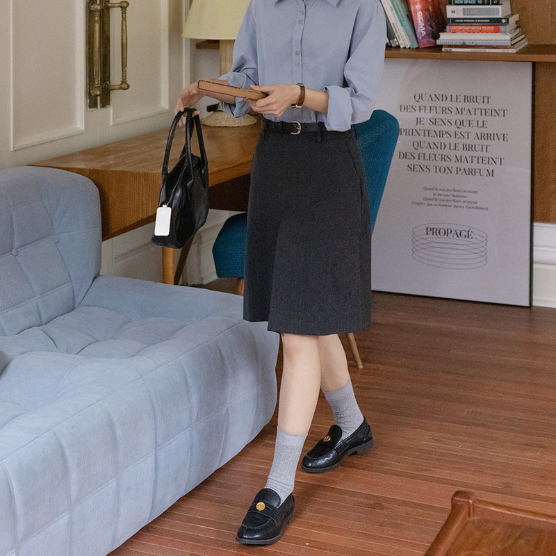 实拍 法式气质通勤高腰a字裙开衩中裙女秋季中长款设计感半身裙子|undefined