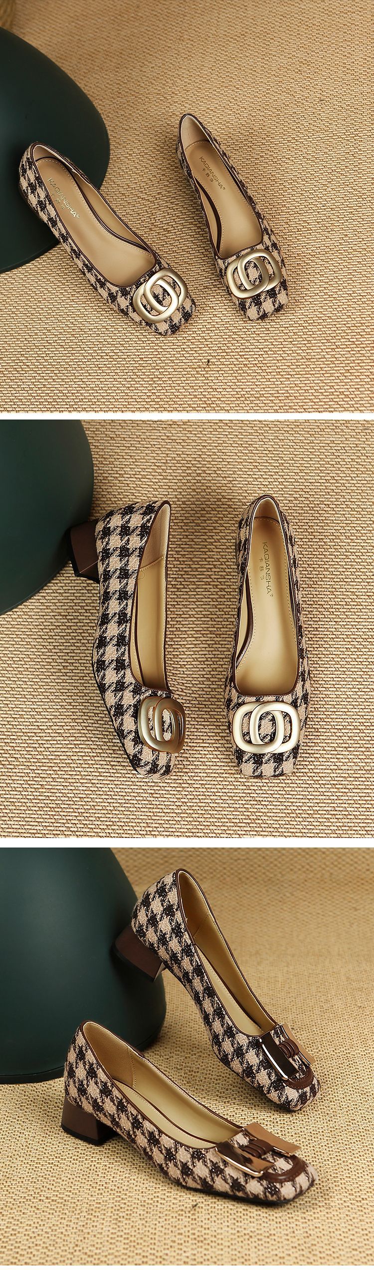 Houndstooth Square Toe Casual Single Shoes Women Summer New Metal Chain Low Heel Shallow Mouth S Soft Bottom Slip On_voghion.com