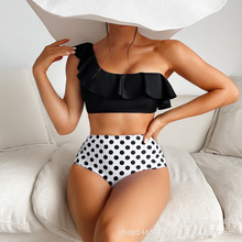 2025欧美新款泳衣分体单肩荷叶边波点复古性感高腰比基尼跨境泳装