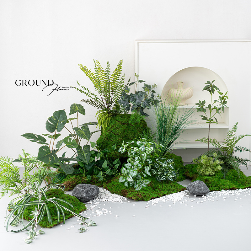 模擬苔と緑の植物造園、ハイエンドの軽い豪華なマイクロランドスケープ、屋内偽植物、床置きのバイオニック装飾アレンジメント盆栽|undefined