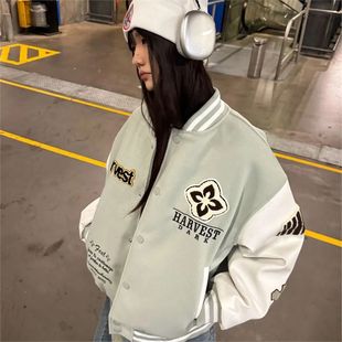 Original Chinese-Style American Amoeba Retro Embroidered Letter Patchwork Baseball Jacket Quilted Spring New Jacket Coat
