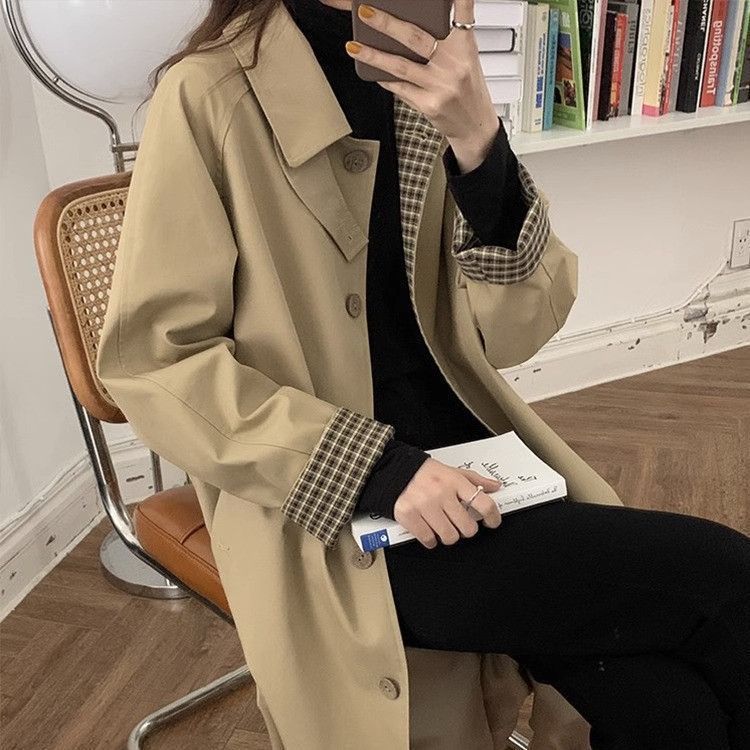 Khaki Windbreaker Jacket for Women Spring & Fall New Mid-Length Small Fashion Plaid Chic Early Autumn Outwear