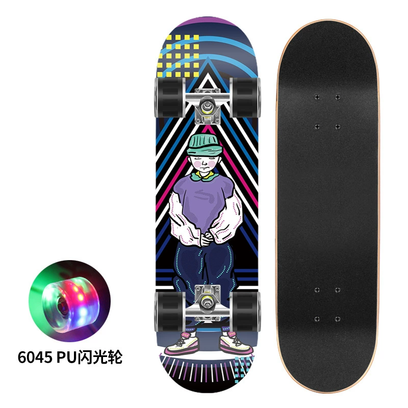 Polyurethane flash skateboard, 80×20 cm, double-kick deck, 6045 PU wheels, 300 lb load