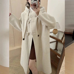 2024 New Horn Button Wool Coat Women's Loose Lazy Style Hooded Double-sided Wool Coat Extended Jacket