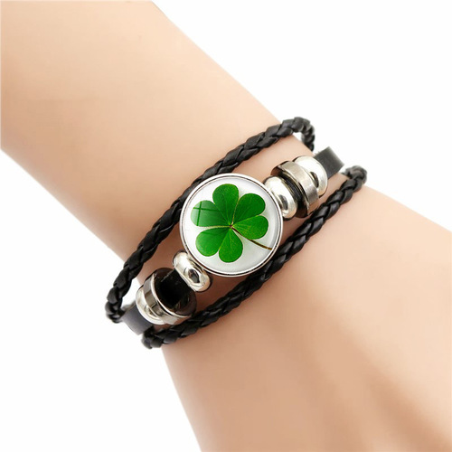 Crystal Four-Leaf Clover Leather Bracelet for Women, Versatile Time Gem Beaded Bracelet, Green Lucky Grass Jewelry