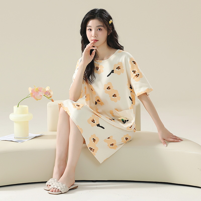 [Personalizado] 7A pijama de manga corta de algodón antibacteriano de gran tamaño gordo m200 kg camisón de maternidad verano femenino dulce y lindo