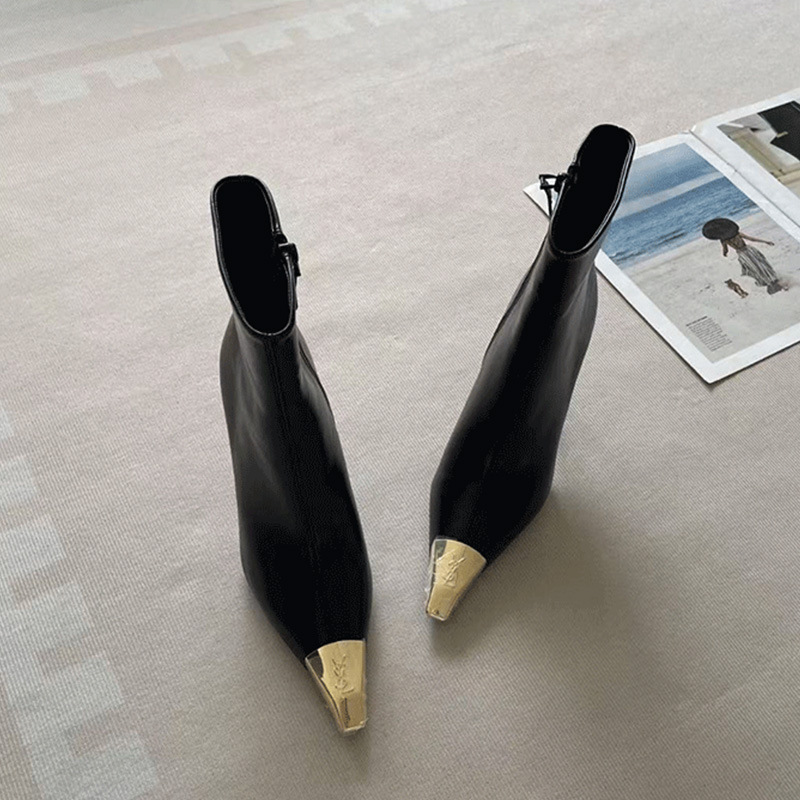 2025 Autumn and Winter New Style Metal Small Square Toe Black High-Heeled Short Boots for Women with Stiletto Heels and Patent Leather Sexy Fashion Slim Women's Boots