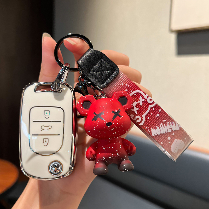 Wuling 모델 B - 접이식 3버튼 [싱글 쉘 화이트] + 레드 폭력 곰 펜던트