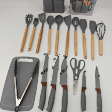 Utensilios de cocina de silicona transfronterizos, juego de 19 piezas, cubo de almacenamiento de herramientas de cocina, juego de cuchillos de cocina