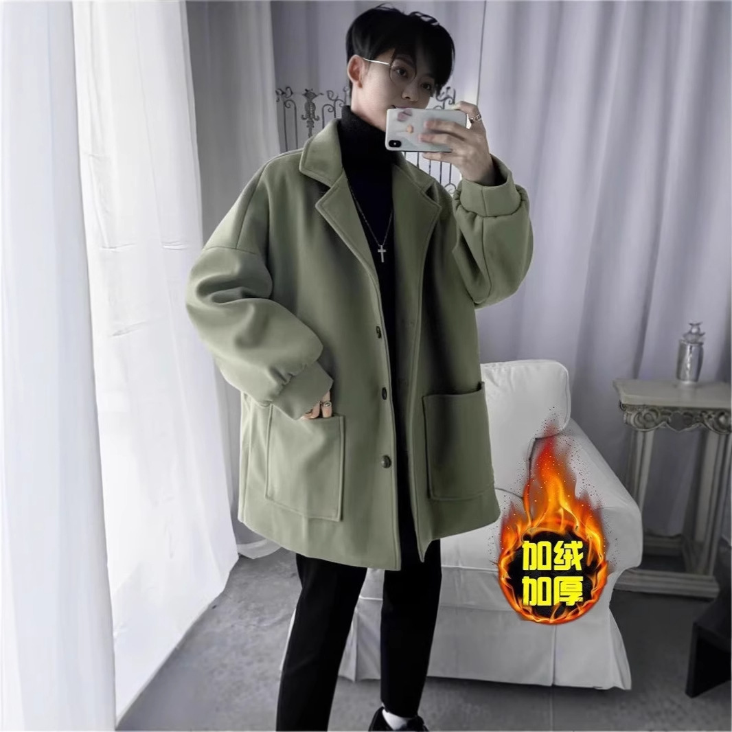 모직 코트 남자 두꺼운 모직 코트 중간 길이의 코트 한국 스타일 유행 잘 생긴 단색 가을과 겨울 홍콩 스타일 더피 잘 생긴